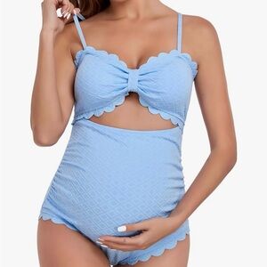 Light Blue Scalloped Maternity Swimsuit